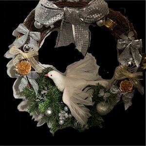 Festive Wreath with White Dove and Silver Accents
